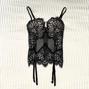 Victoria's Secret Black Lace Corset Bustier Bra w/ Detachable Straps; 32C